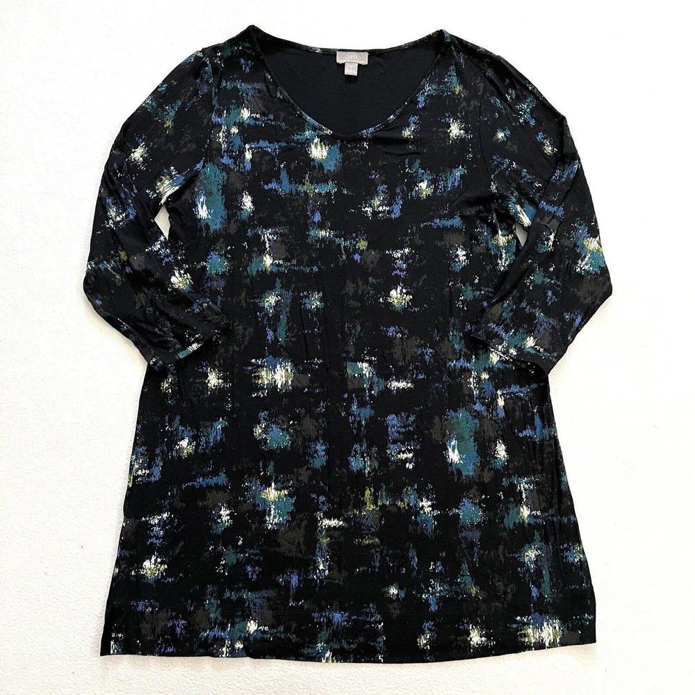 J Jill Wearever Collection Black Blue Abstract Print 3/4 Sleeve V Neck Tunic S